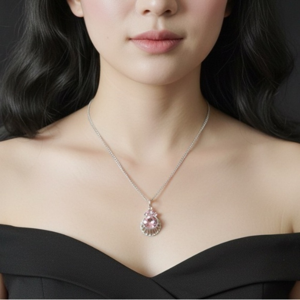 Silver finish necklace faceted pendant, large&small pink cubic zirconia stones 💕